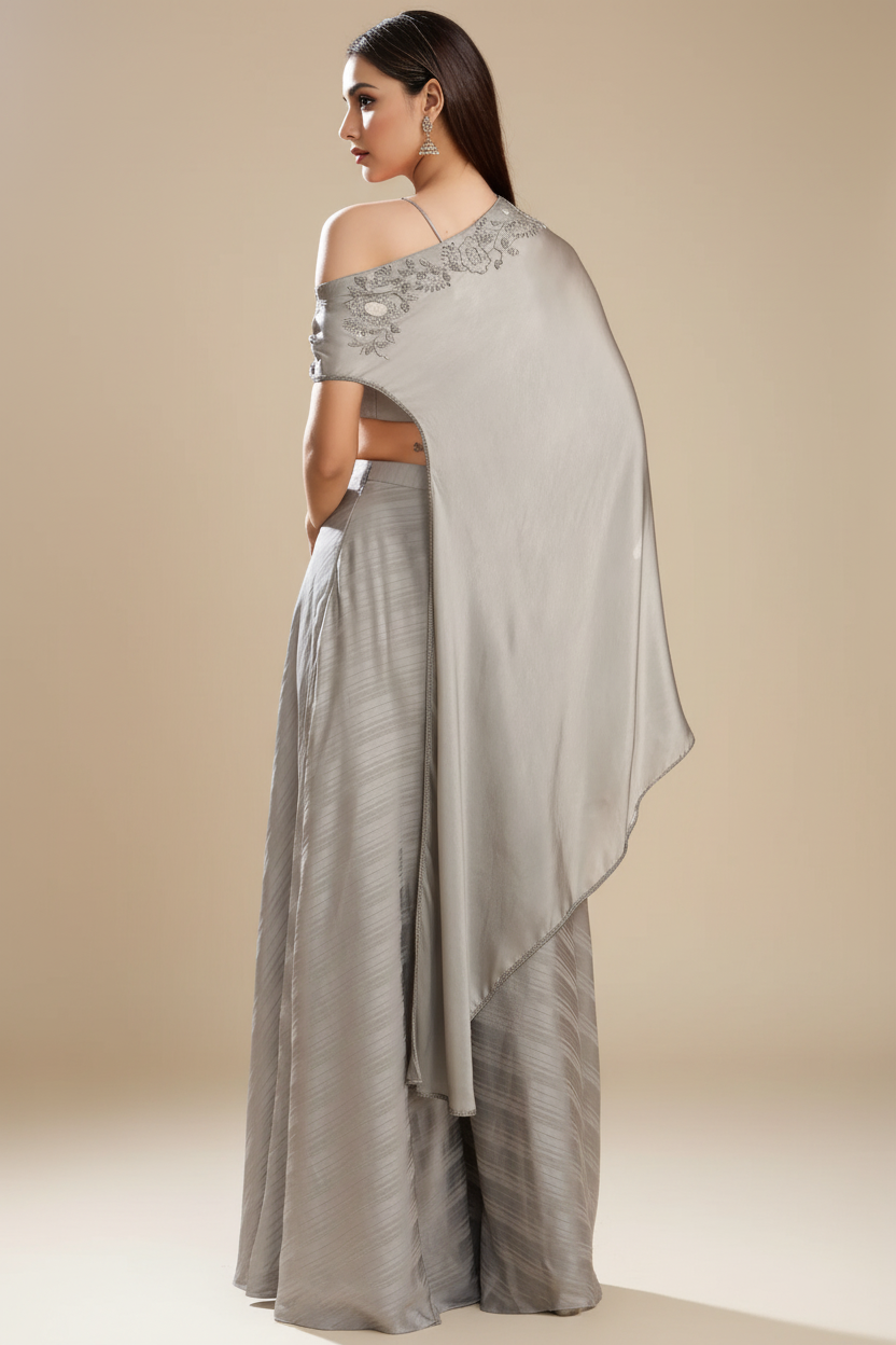 Grey Silk Satin Embroidered Off-Shoulder Cape Set