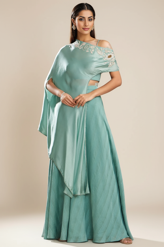 Blue Silk Satin Embroidered Off-Shoulder Cape Set