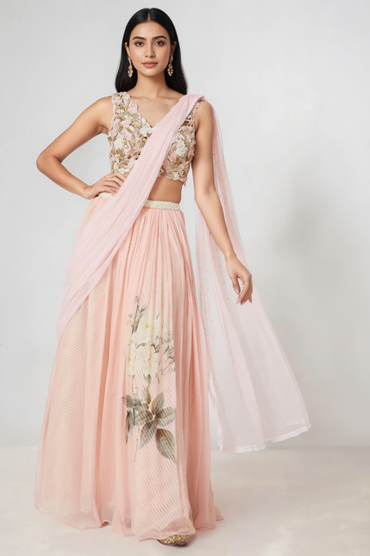 Blush Pink Printed & Embellished Lehenga Set