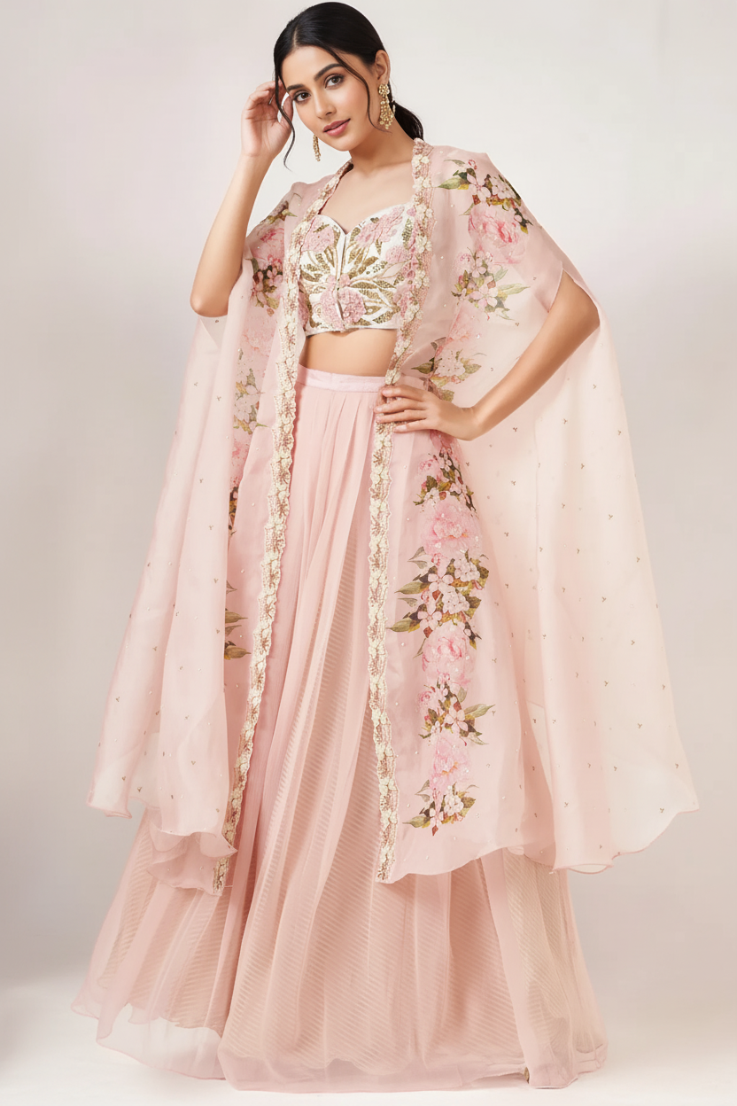 Blush Pink Digital Printed Cape Set
