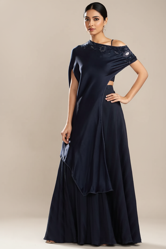 Dark Blue Silk Satin Embroidered Off-Shoulder Cape Set