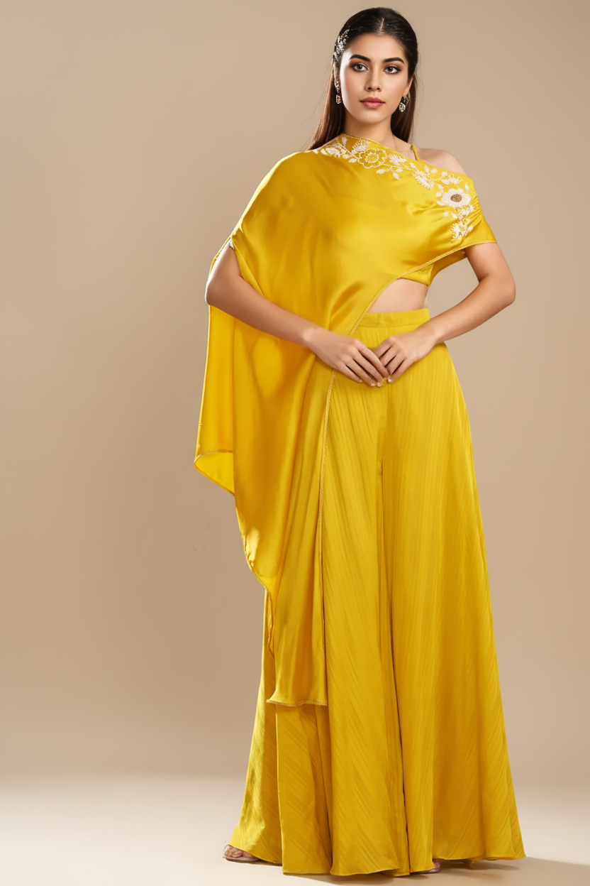 Yellow Silk Satin Embroidered Off-Shoulder Cape Set