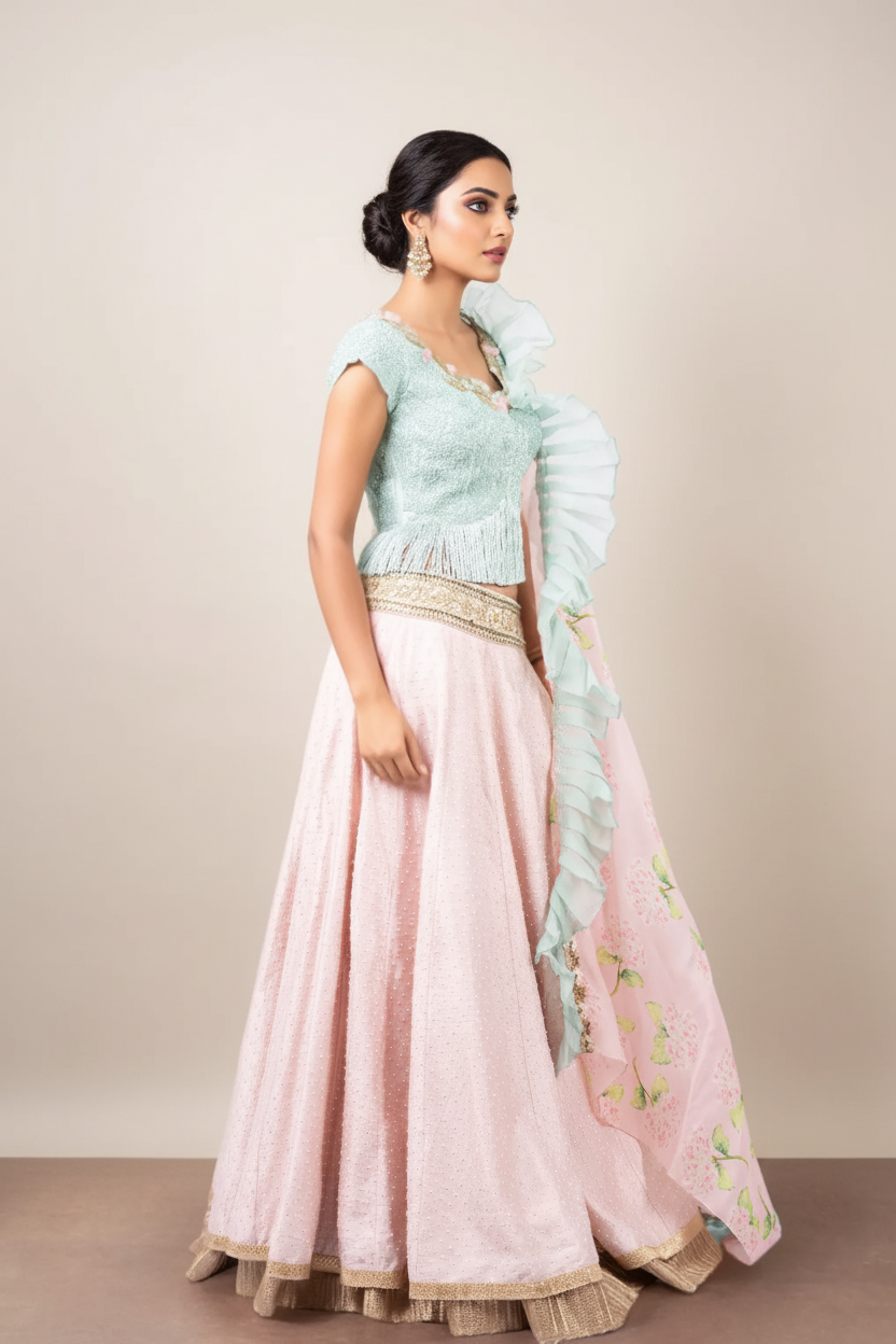 PERSIAN DORI ECO GREEN BLOUSE WITH FRINGES PAIRED WITH PEARL WORK PINK RAW SILK LEHENGA