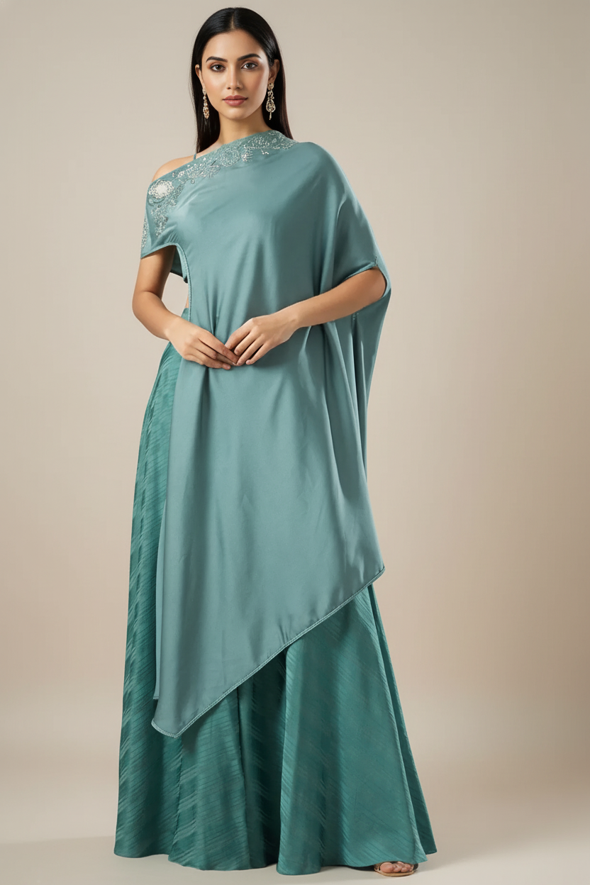 Teal Green Satin Off-Shoulder Cape Set