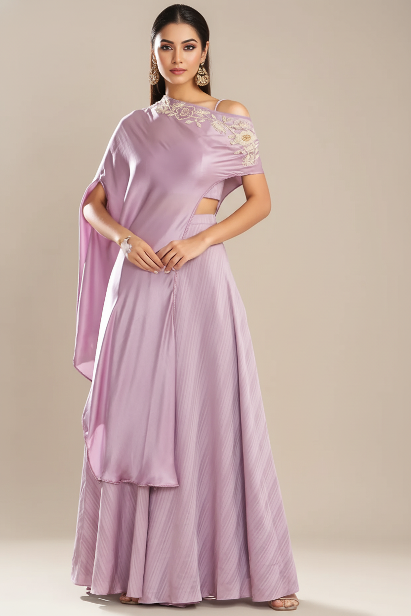 Lilac Silk Satin Embroidered Off-Shoulder Cape Set