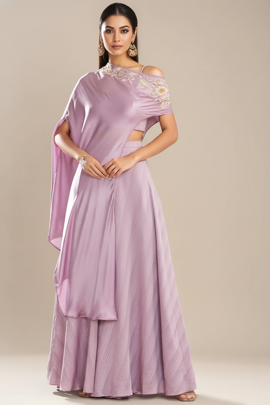 Lilac Silk Satin Embroidered Off-Shoulder Cape Set