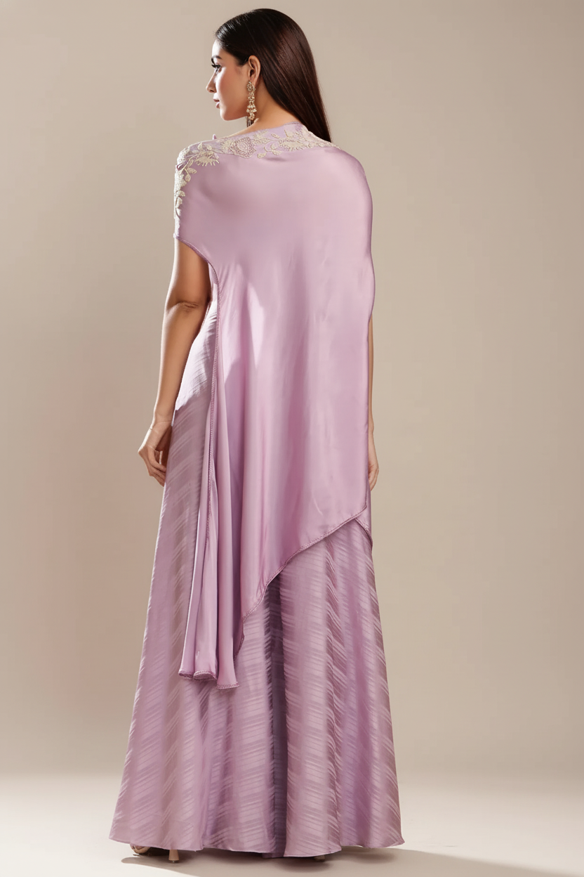 Lilac Silk Satin Embroidered Off-Shoulder Cape Set