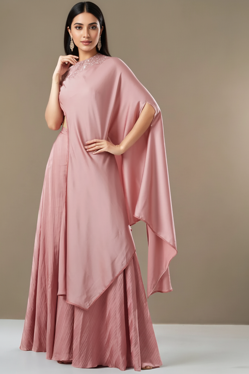 Antique Pink Chanderi Silk Off-Shoulder Cape Set