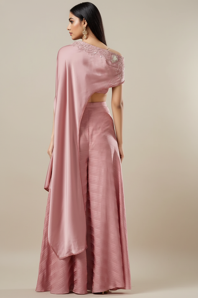 Antique Pink Chanderi Silk Off-Shoulder Cape Set