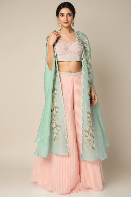 Baby Pink Embroidered Palazzo Pant Set With Cape