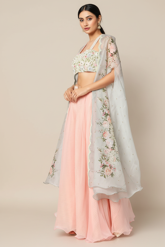 Blush Pink Embroidered Palazzo Pant Set With Cape