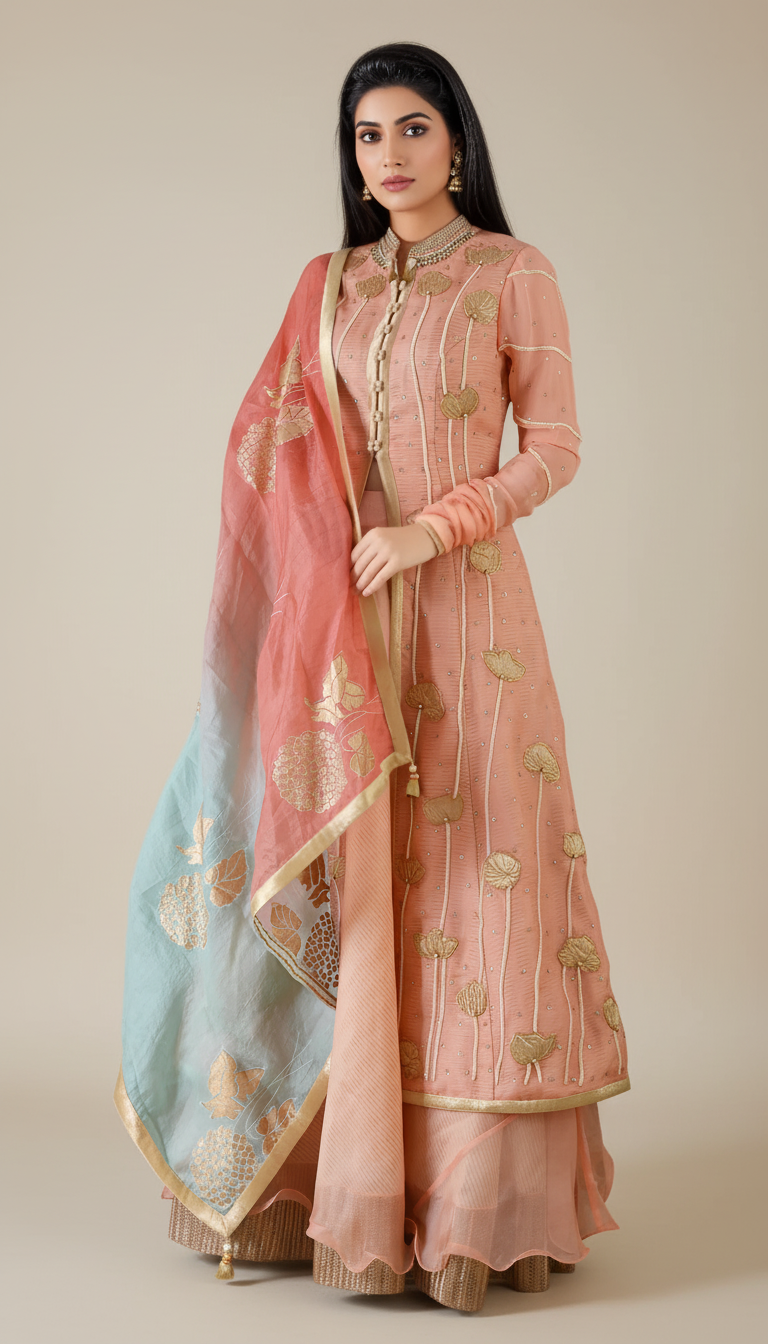 EMBROIDERED SUIT WITH BLOCK PRINT DUPATTA