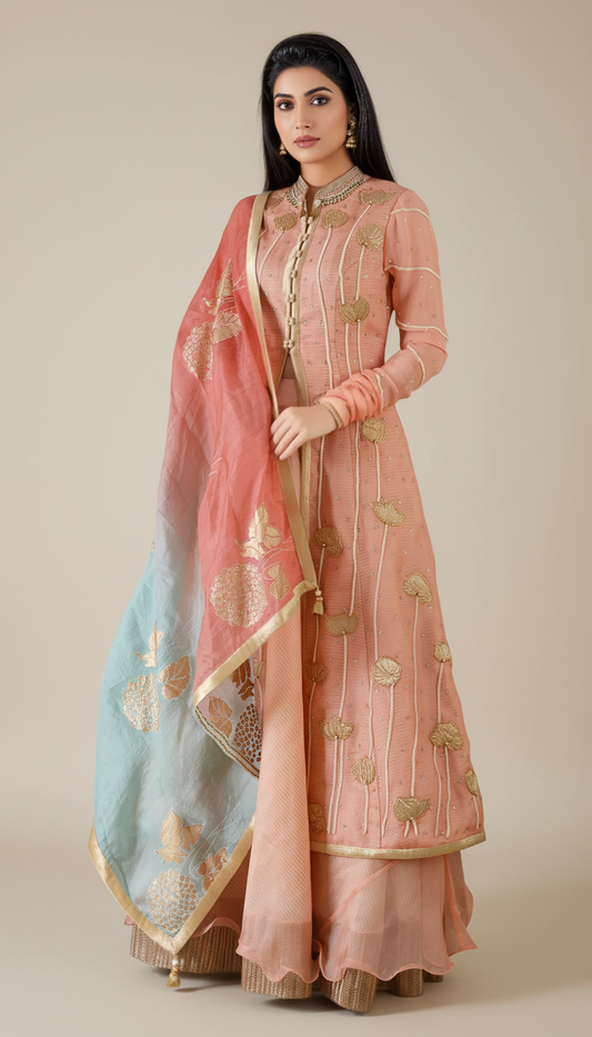 EMBROIDERED SUIT WITH BLOCK PRINT DUPATTA