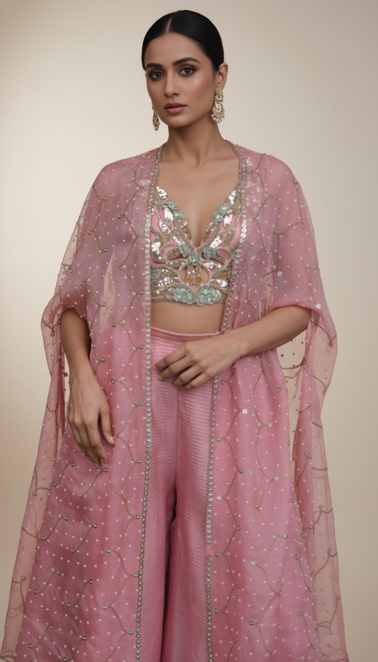 3D FLOWER EMBROIDERED RAW SILK CUTWORK SET