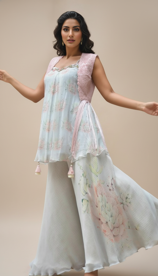 CAMISOLE WITH PRINTED CHIFFON PLAZZO AND PERSIAN DORI FRINGES JACKET