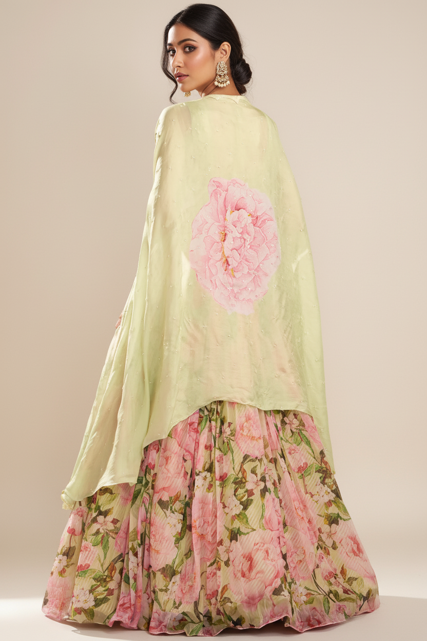 Jade Chiffon Printed Jacket Lehenga Set