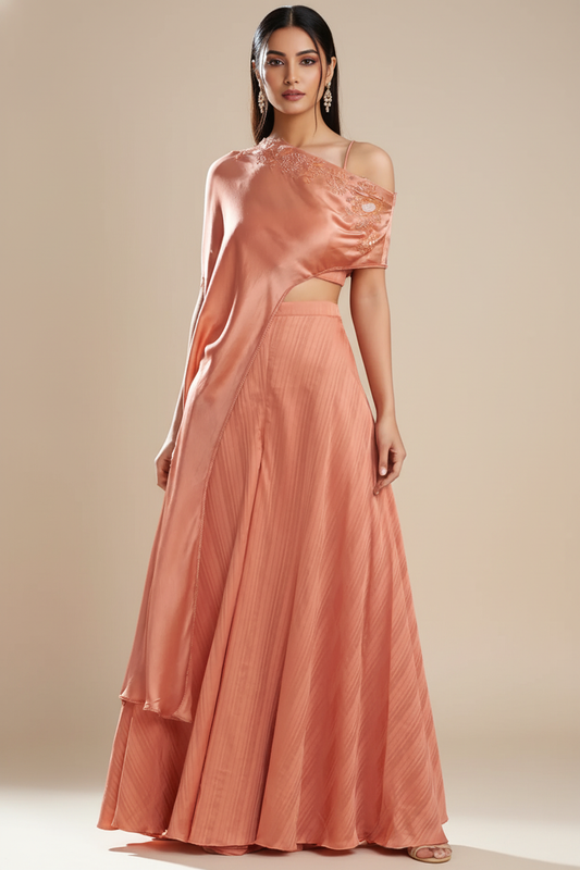 Brick Silk Satin Embroidered Off-Shoulder Cape Set