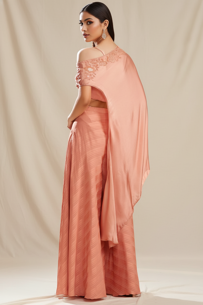 Brick Silk Satin Embroidered Off-Shoulder Cape Set