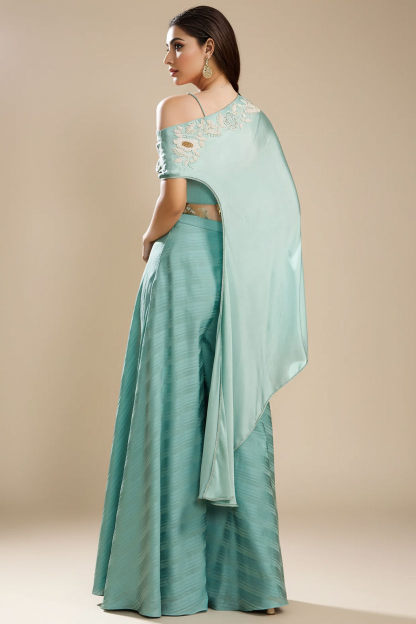 Blue Silk Satin Embroidered Off-Shoulder Cape Set