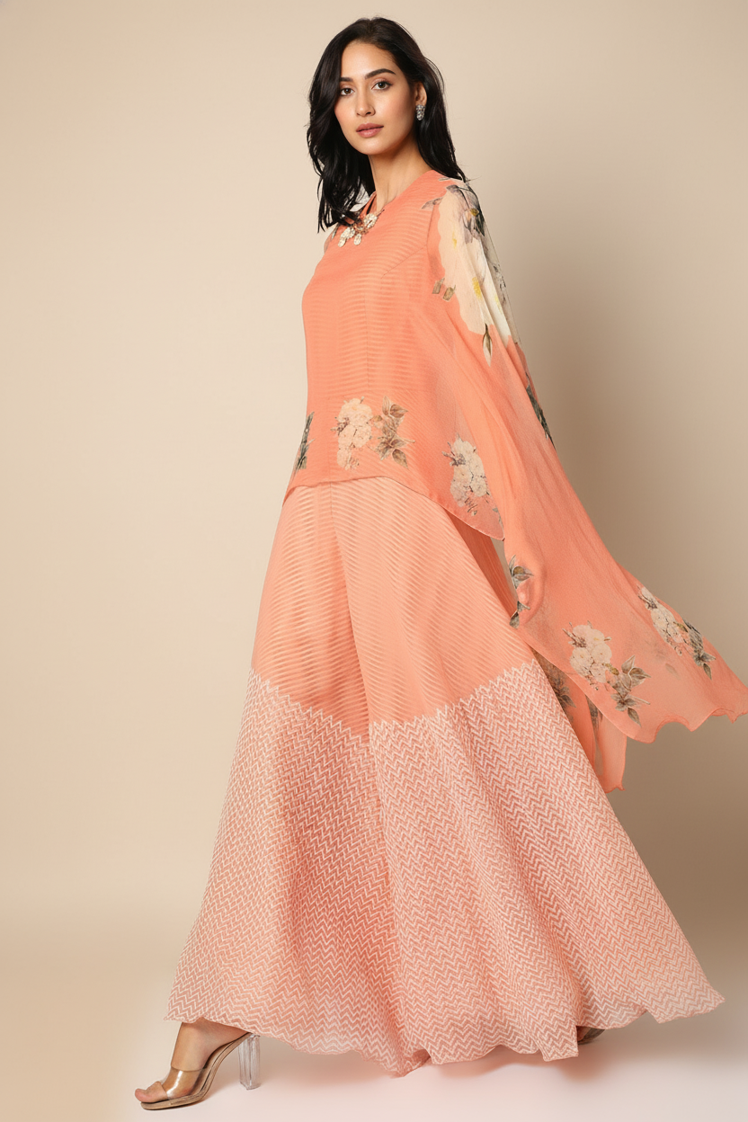 Peach Block Printed Jumpsuit With Cape