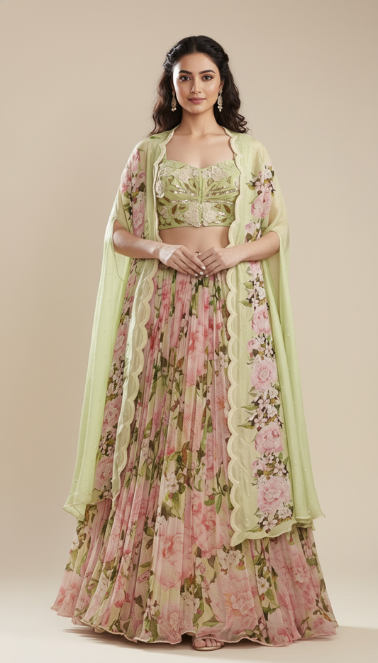 Jade Chiffon Printed Jacket Lehenga Set
