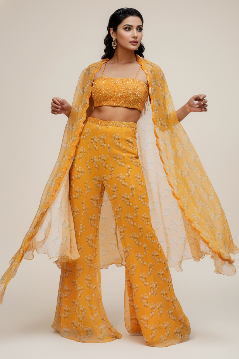 Kesar Raw Silk & Chiffon Printed Cape Set