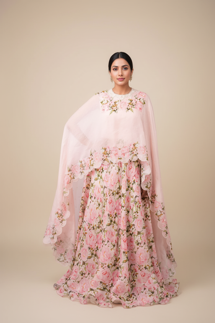 DIGITAL PRINT PEONIES ANARKALI WITH PRINTED PINK CAPE