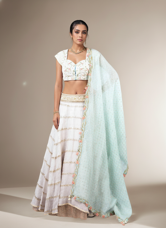 Pearl embellished flower blouse lehenga set