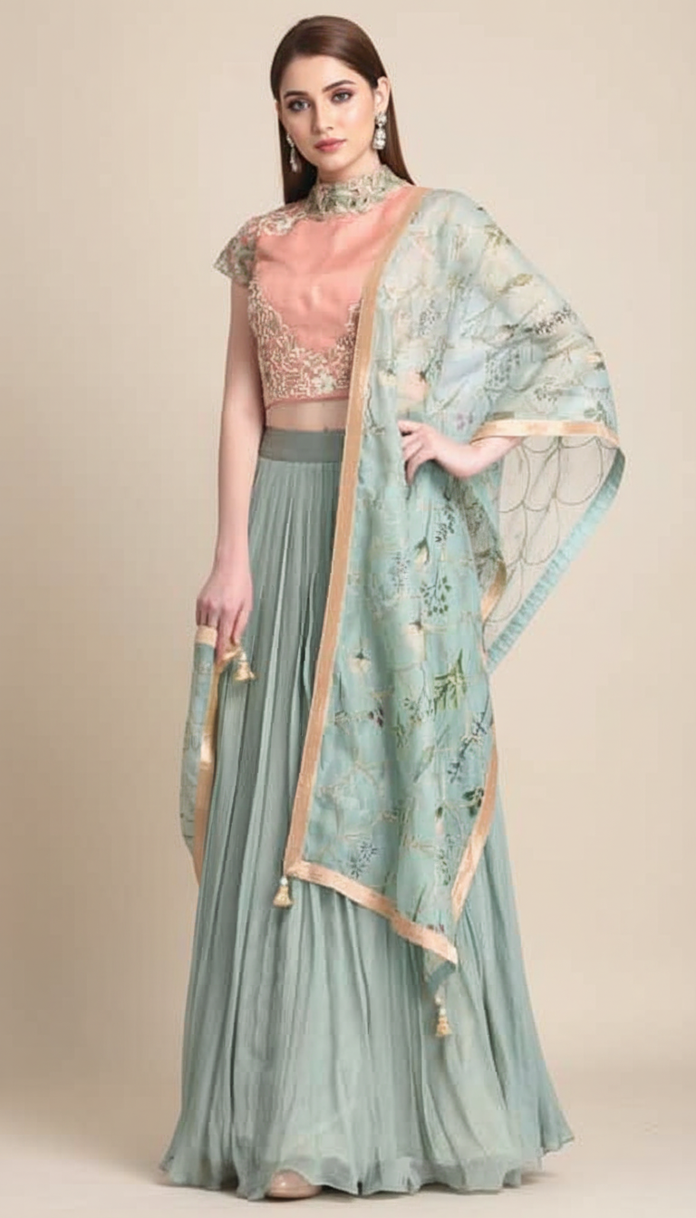 GREEN LEHENGA WITH PRINTED DUPATTA