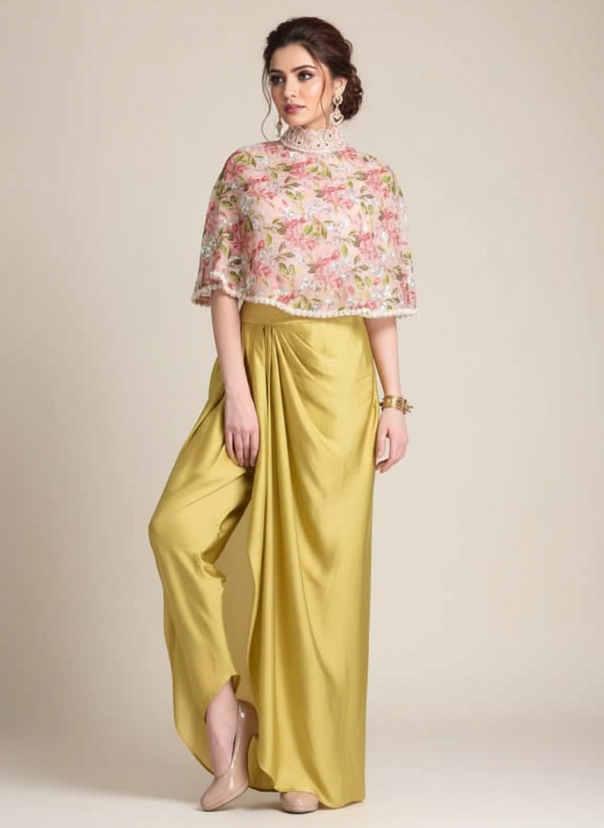 FLORAL CAPE WITH COWL DRAPED DHOTI