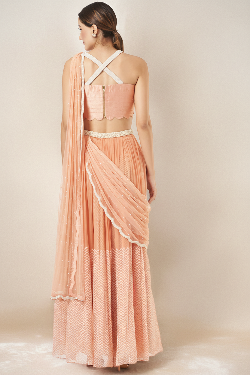 Orange Block Printed Lehenga Set