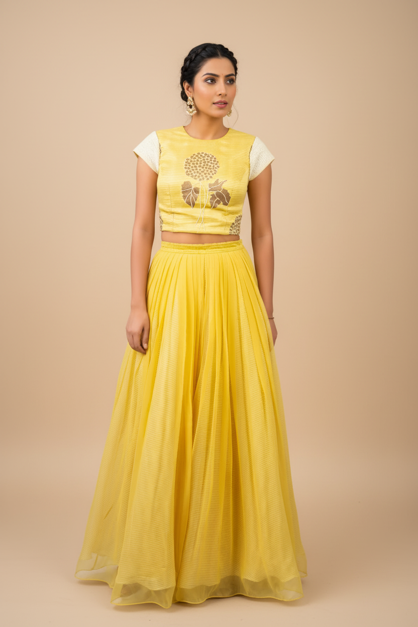BLOCK PRINTED FOOTBALL LILLY HIGHLIGHTED CROPTOP WITH CHIFFON PLEATED PALAZZO