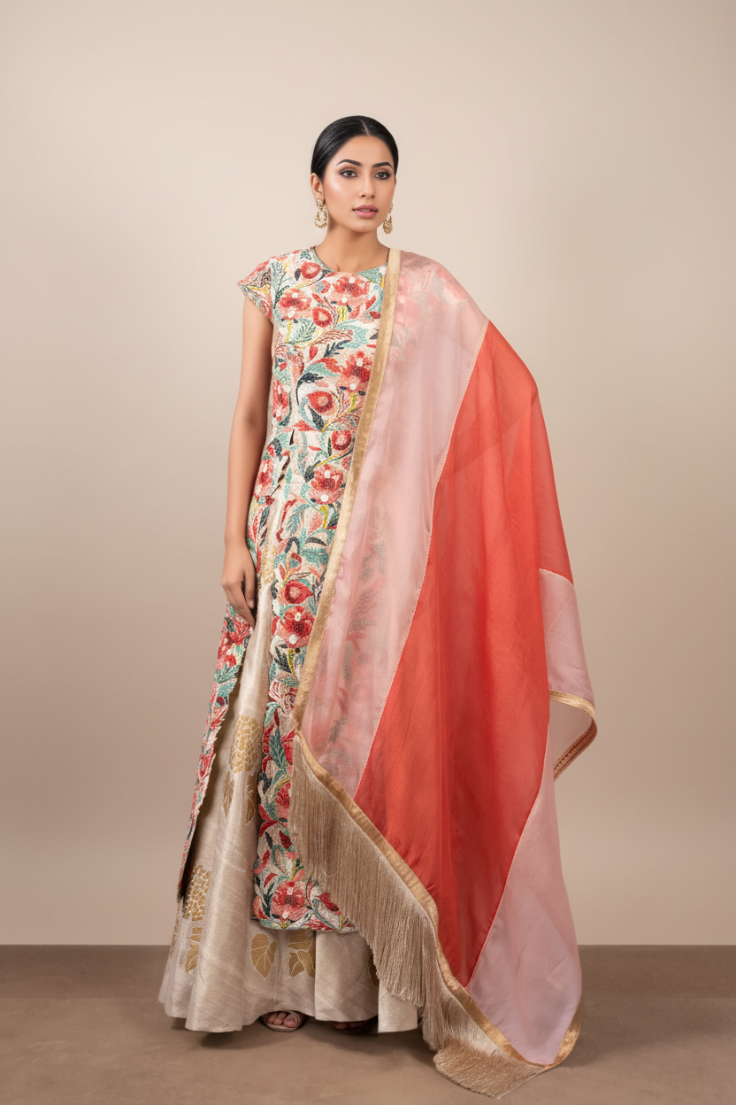 PERSIAN DORI WORK LONG JACKET WITH FOOTBALL LILLY RAW SILK SKIRT