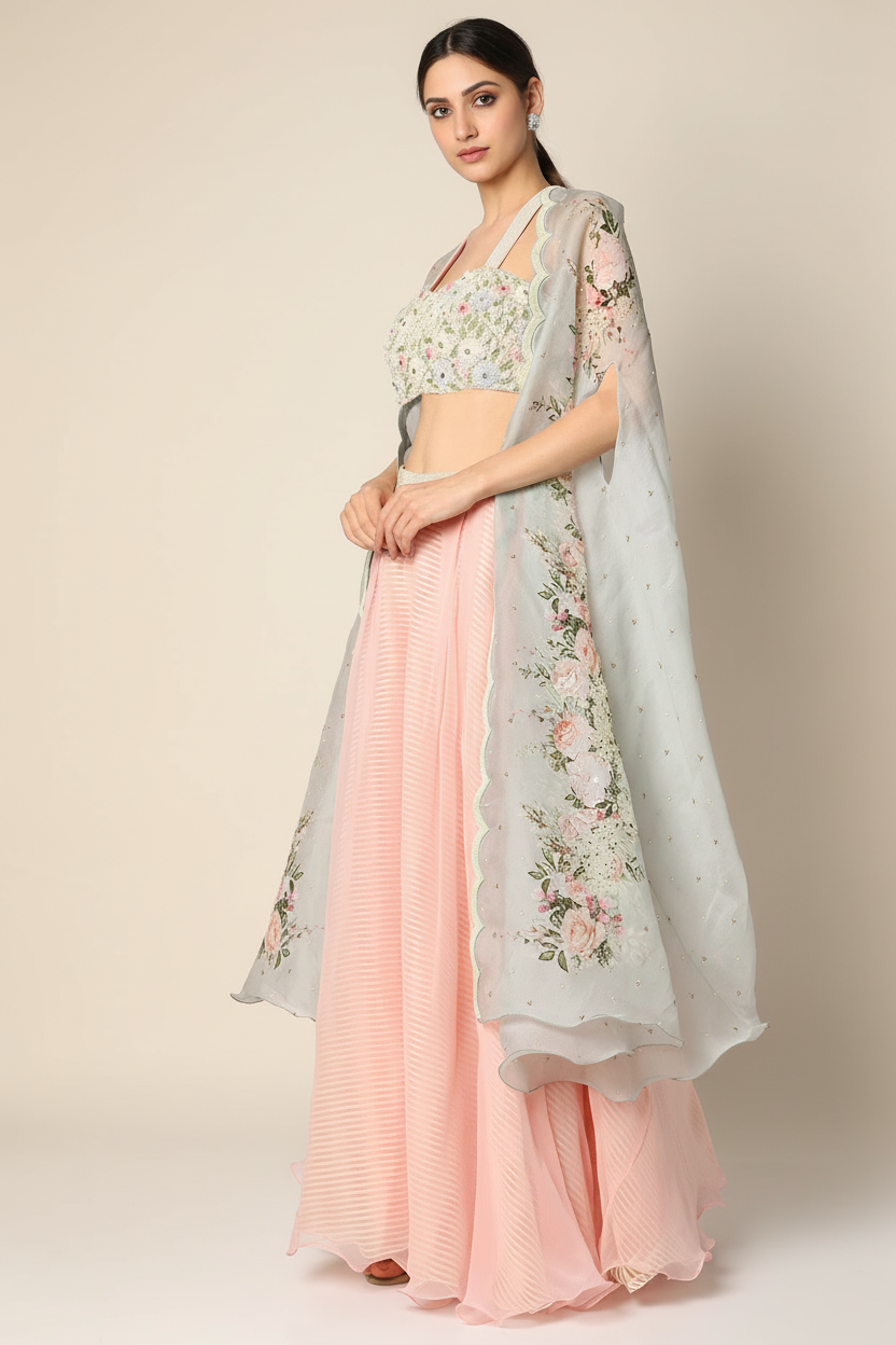 Grey Organza Floral Digital Printed Cape Set