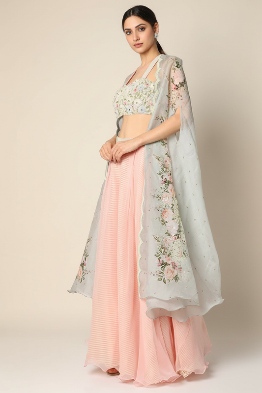 Grey Organza Floral Digital Printed Cape Set