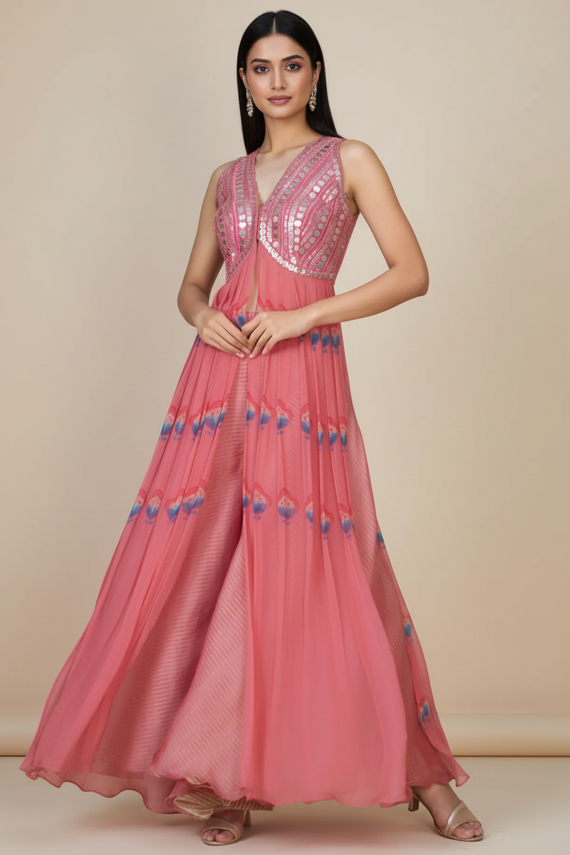 Blush Pink Chiffon & Raw Silk Leather Embroidered Kurta Set