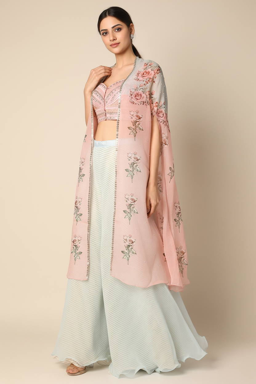 Eco Green Organza Digital Printed Cape Set