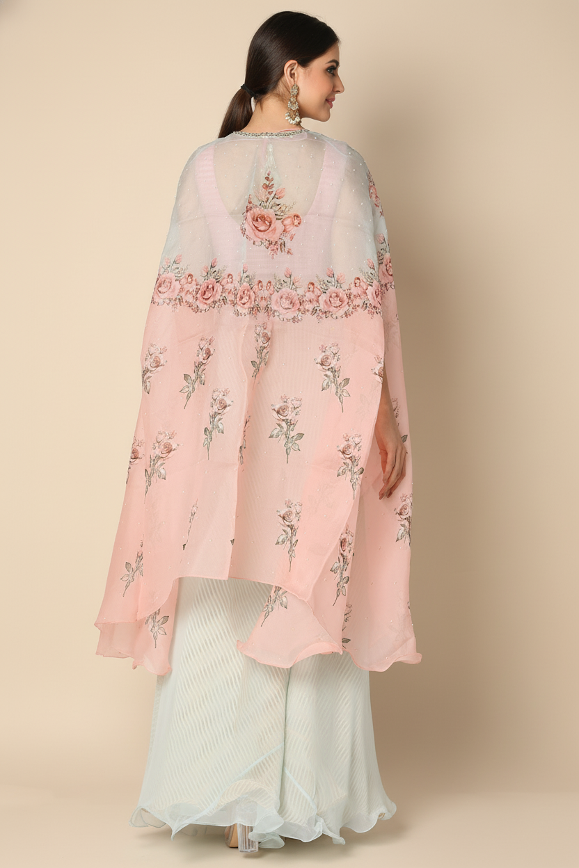 Eco Green Organza Digital Printed Cape Set