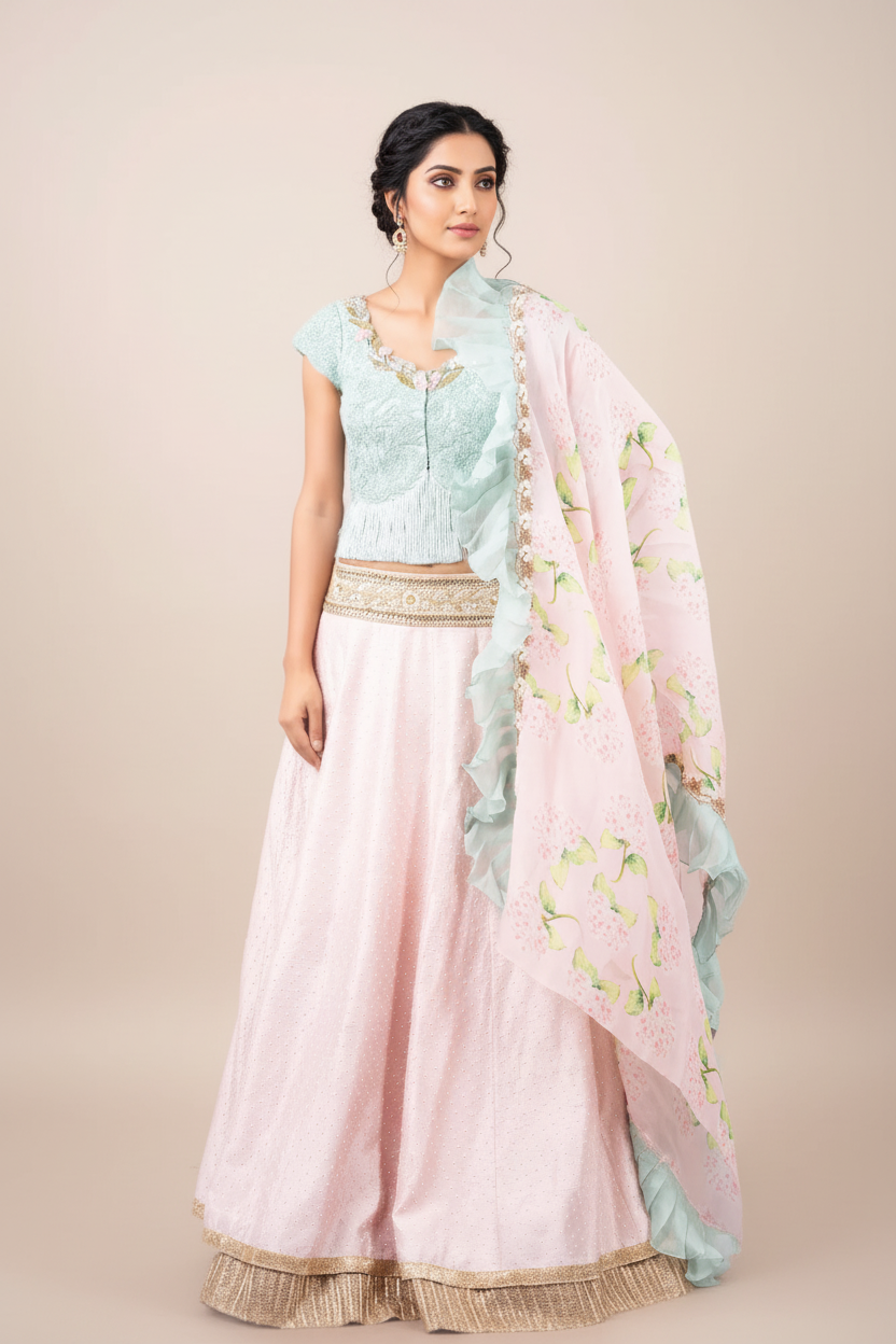 PERSIAN DORI ECO GREEN BLOUSE WITH FRINGES PAIRED WITH PEARL WORK PINK RAW SILK LEHENGA