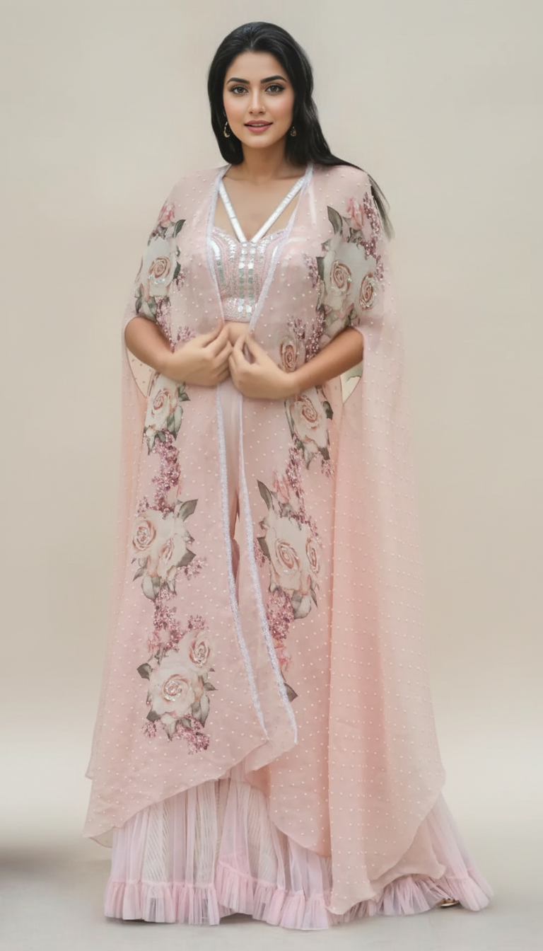 BUSITER WITH GARARA PANTS AND PRINTED CAPE