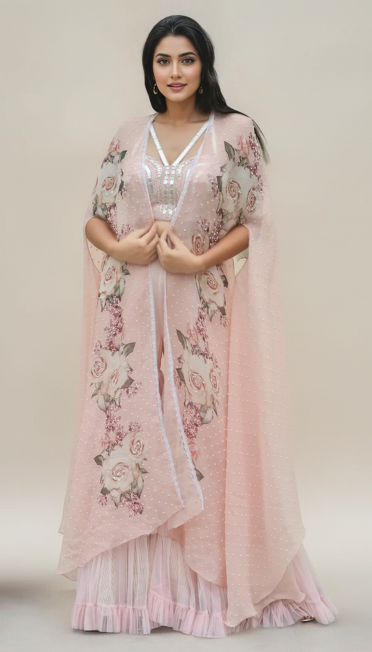 BUSITER WITH GARARA PANTS AND PRINTED CAPE