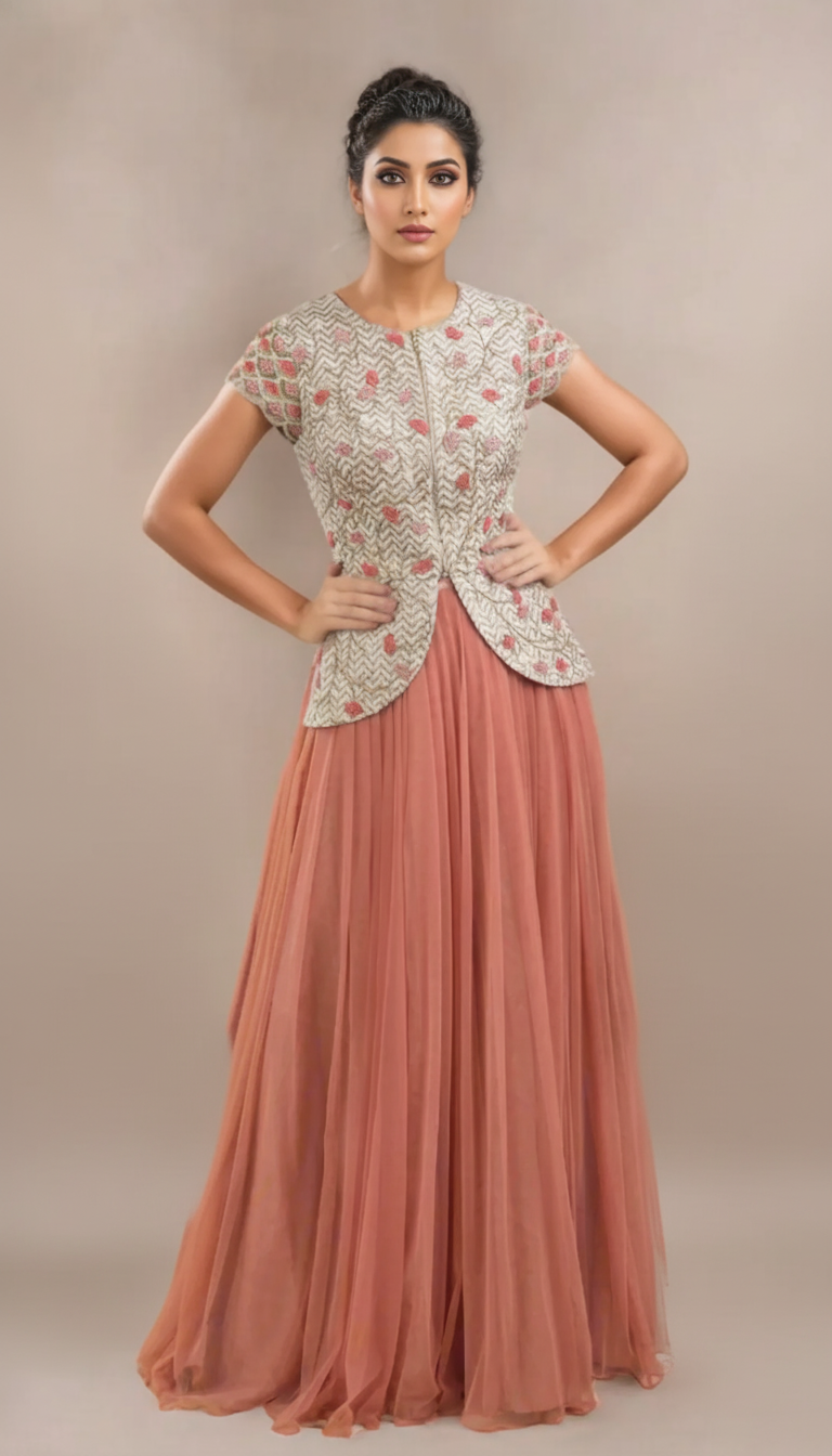 RAW SILK 3D FLOWER  GREY PEPLUM JACKET & SKIRT