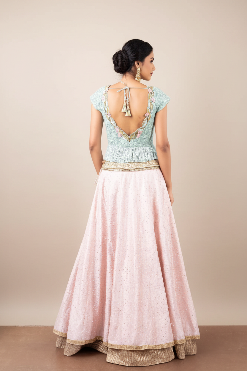 PERSIAN DORI ECO GREEN BLOUSE WITH FRINGES PAIRED WITH PEARL WORK PINK RAW SILK LEHENGA