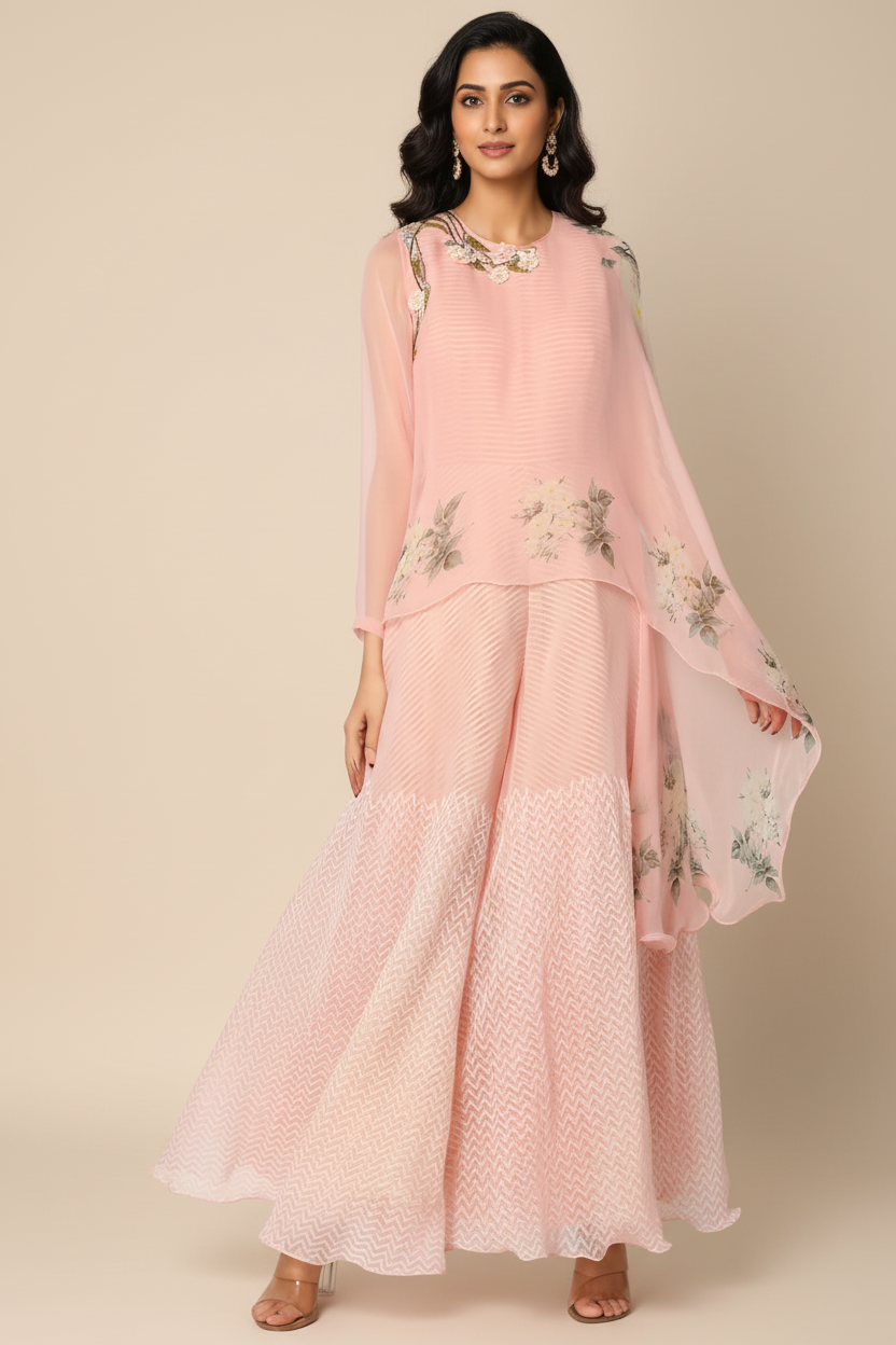 Magnolia Pink Printed Jumpsuit With Cape