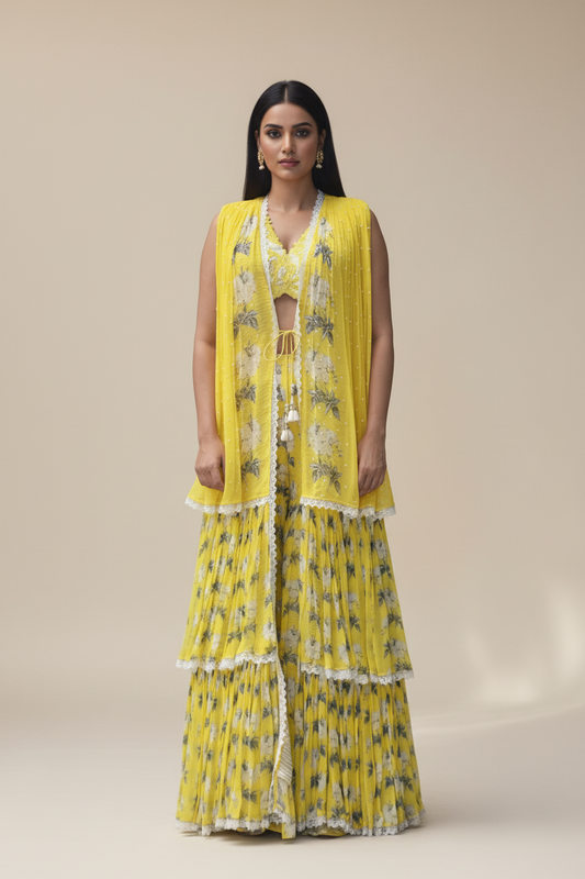 Persion Dori work blouse with printed garara pants and printed cape