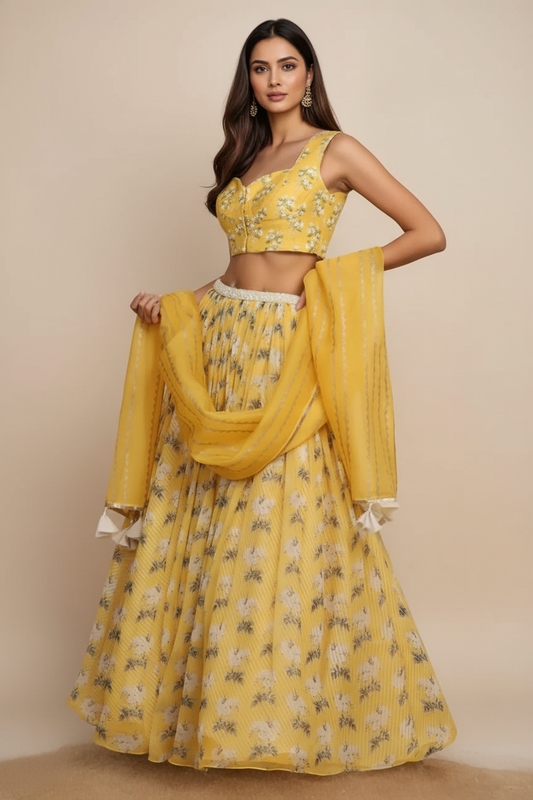 Yellow Printed Lehenga with Block print Dupatta