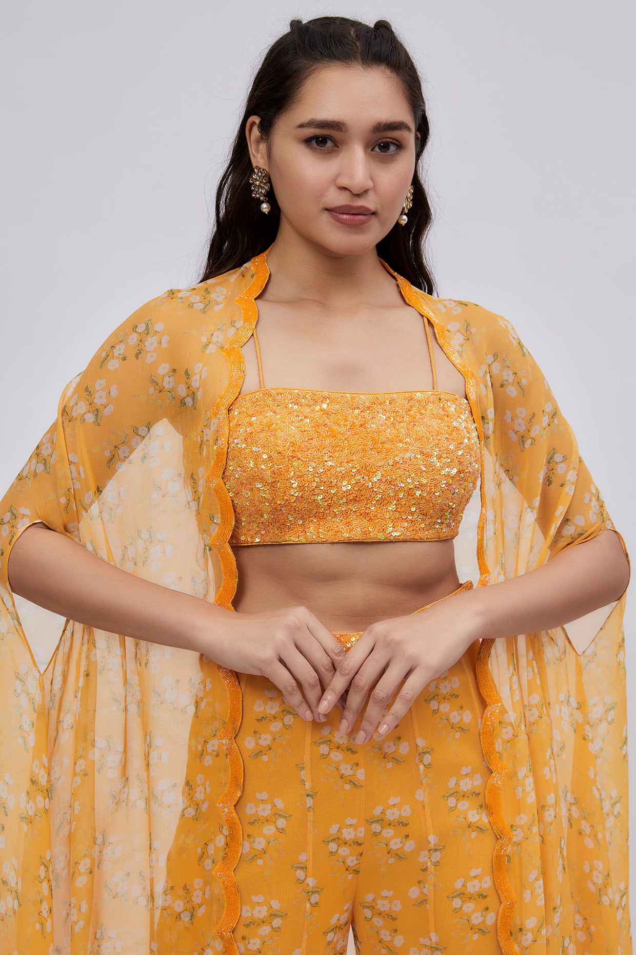 Sun-Kissed Marigold Cape Set with Sequined Bustier