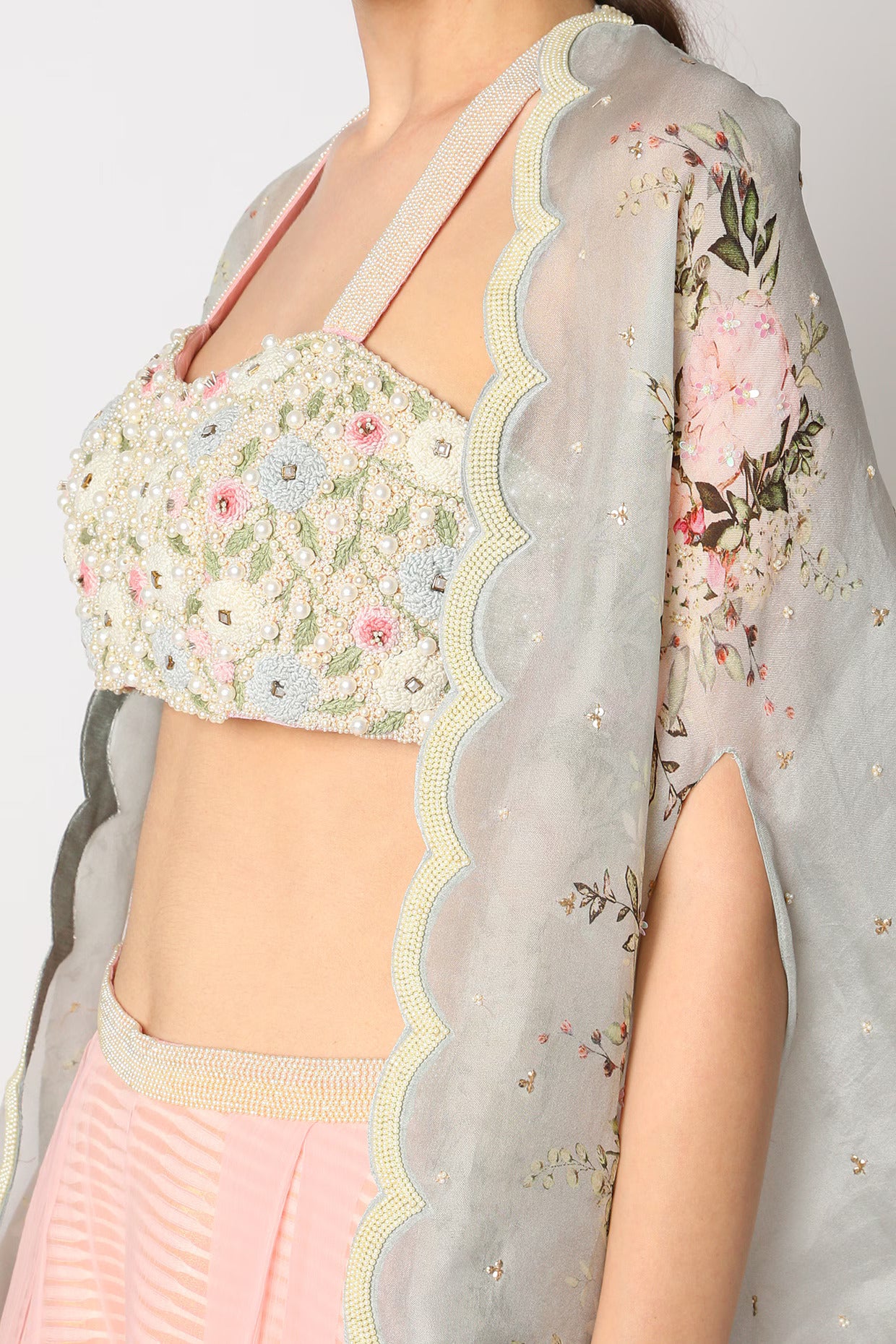 Grey Organza Floral Digital Printed Cape Set