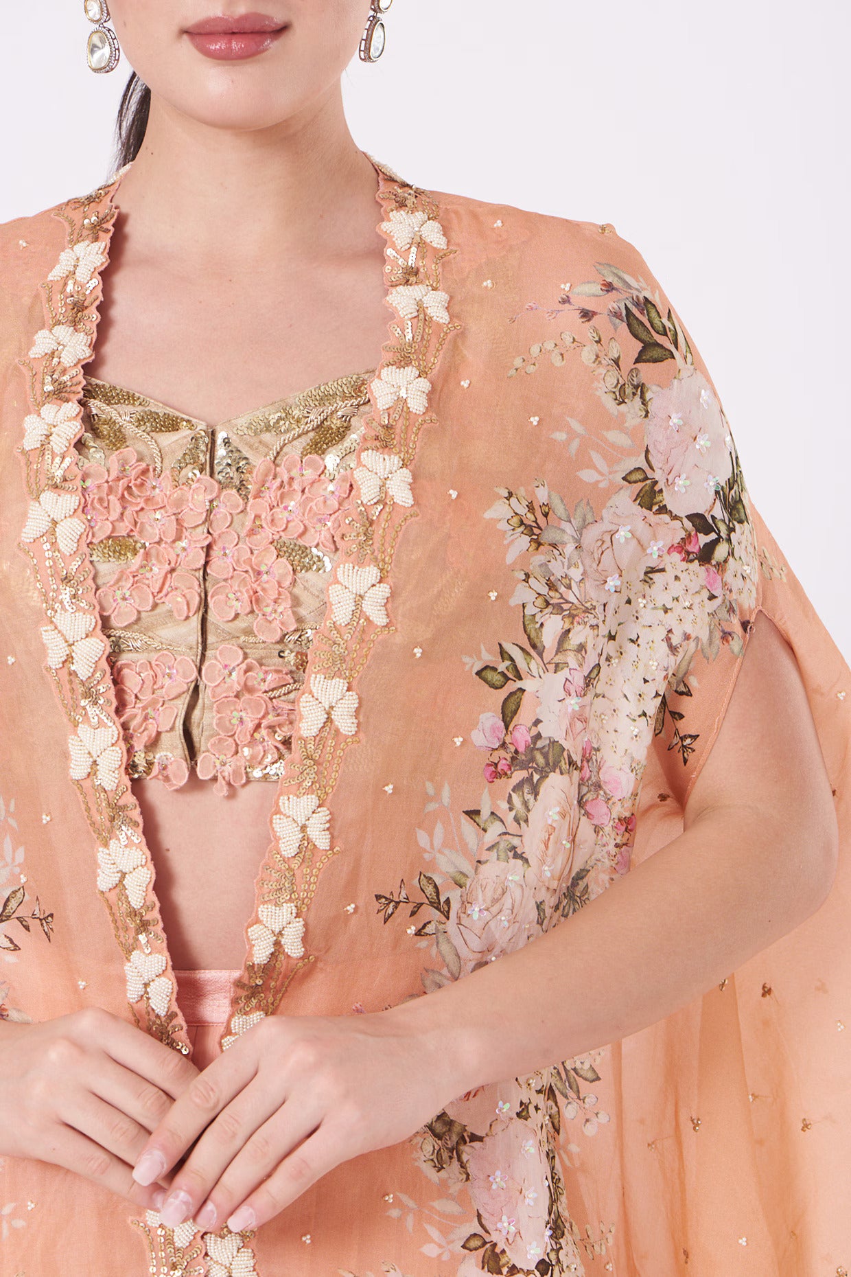 Peach Organza Printed Cape Set