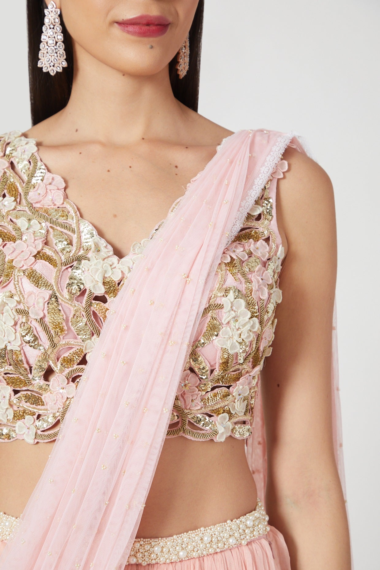 Blush Pink 3D Floral Embroidered Pre-Draped Lehenga Saree